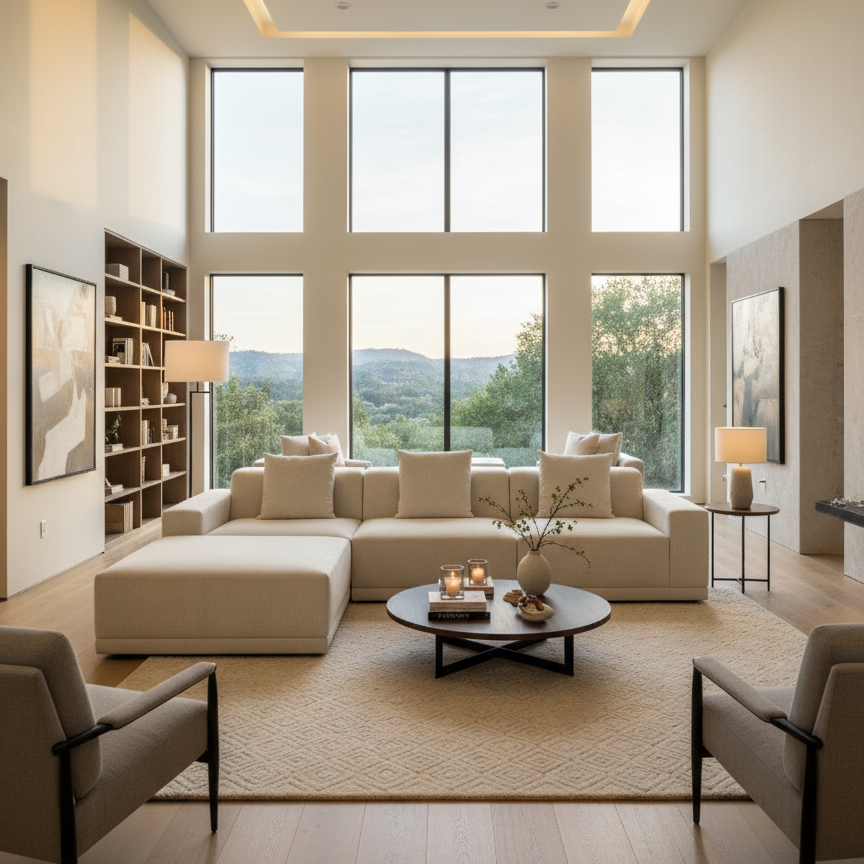 Solis Linen Modular Sofa in beige linen fabric styled in a modern living room with large windows, neutral rug, and round coffee table