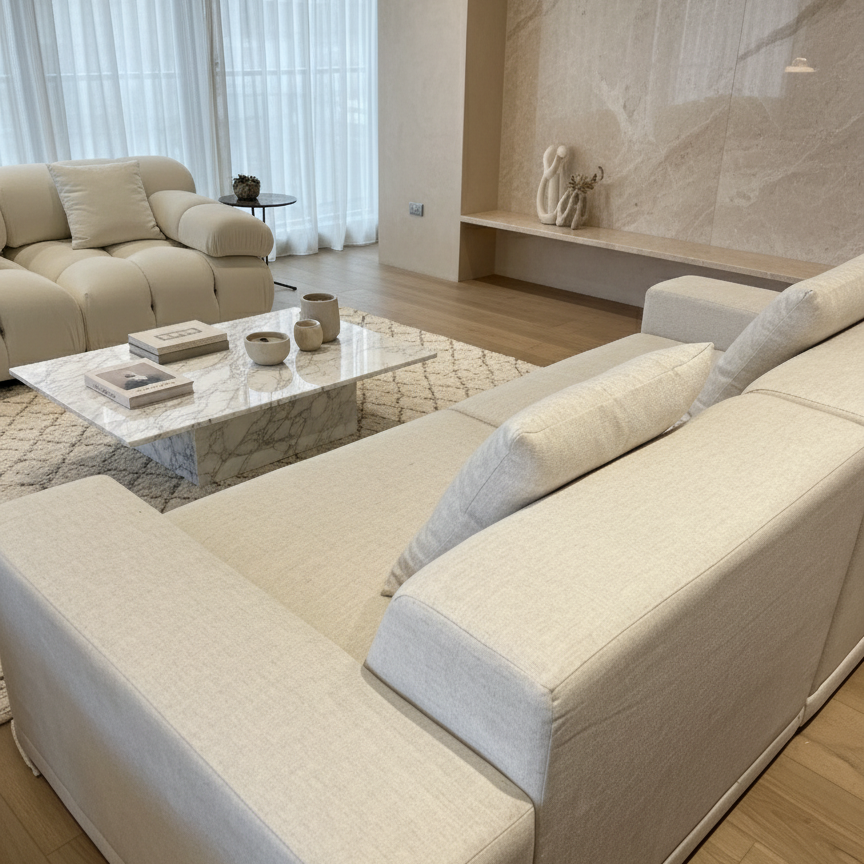 Solis Linen Modular Sofa in beige linen fabric styled with marble coffee table and neutral decor in a cozy modern living room