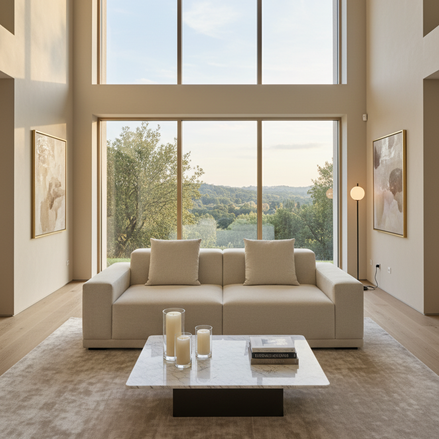Solis Linen Modular Sofa in beige linen fabric styled in a bright modern living room with large windows and marble coffee table