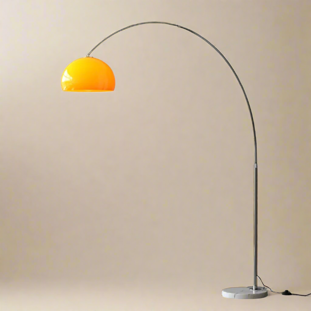 Arc floor lamp with a yellow shade on a beige studio background