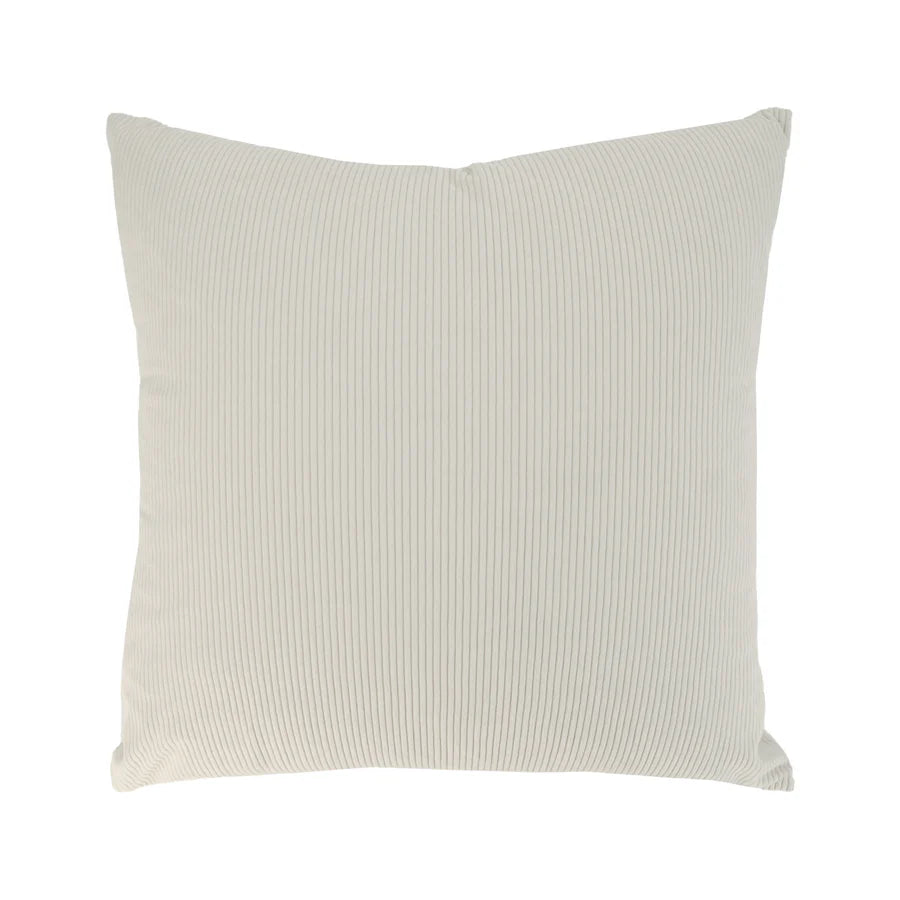 Full front view of the square Sutton throw pillow featuring a soft cream vertical ribbed corduroy fabric.