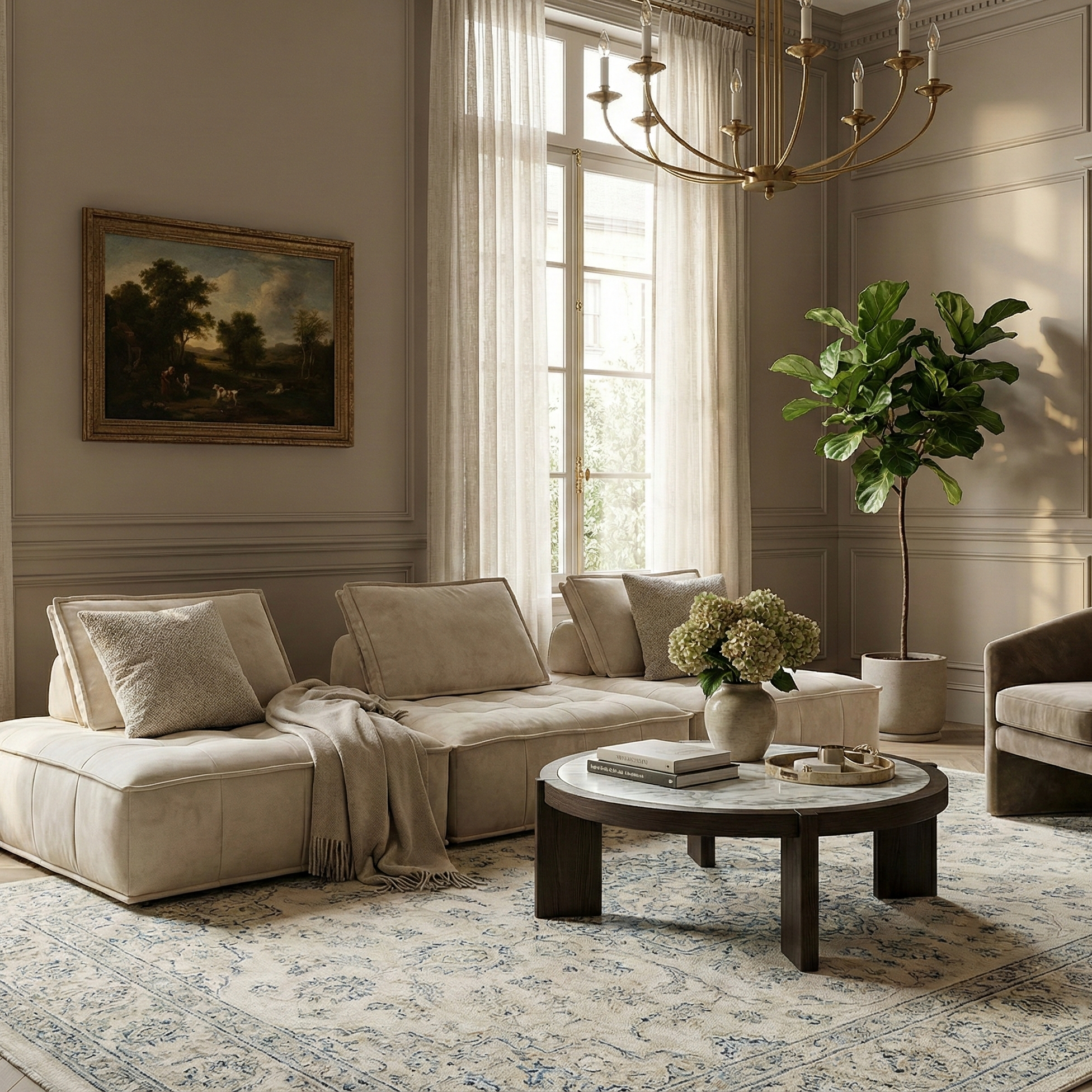 Luxurious living room with beige sofa, round coffee table, and decorative elements.