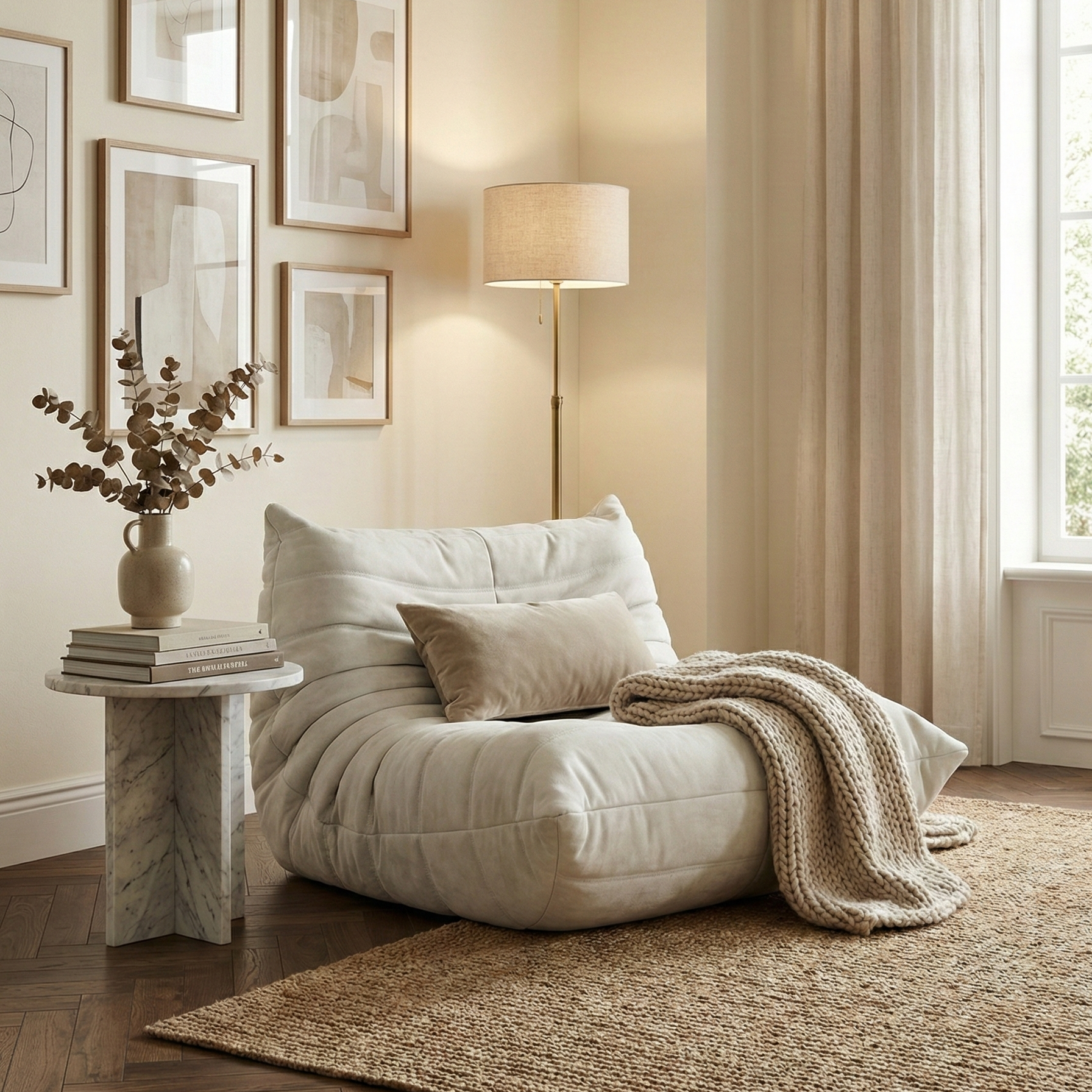 White TOGO Lounger styled in a cozy reading nook with a marble side table and chunky knit blanket.