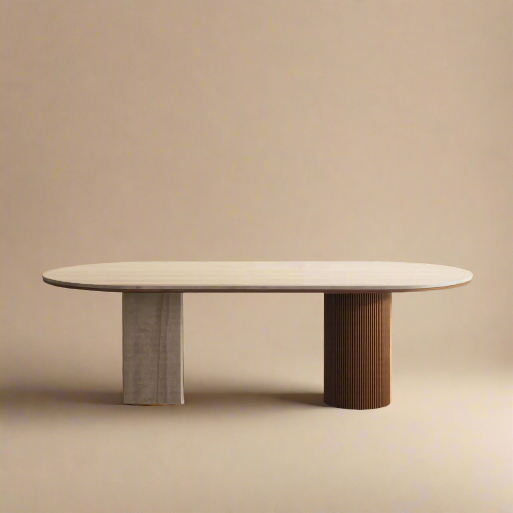 Travertine sintered stone dining table with oval top and dual wood pedestal base on beige studio background