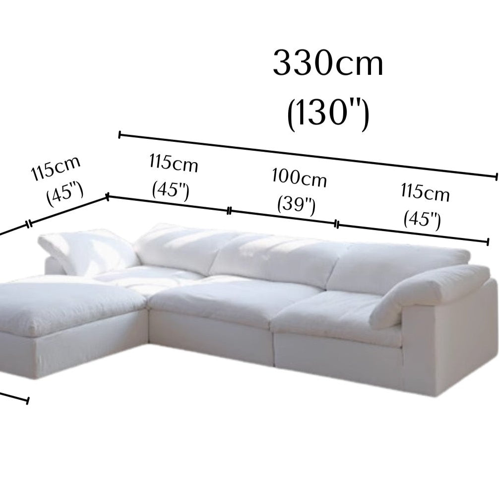 Ultra Softness Modular Cloud Sofa four seater with chaise in natural linen showing labeled dimensions width 330cm, depth 115cm, and height 65cm