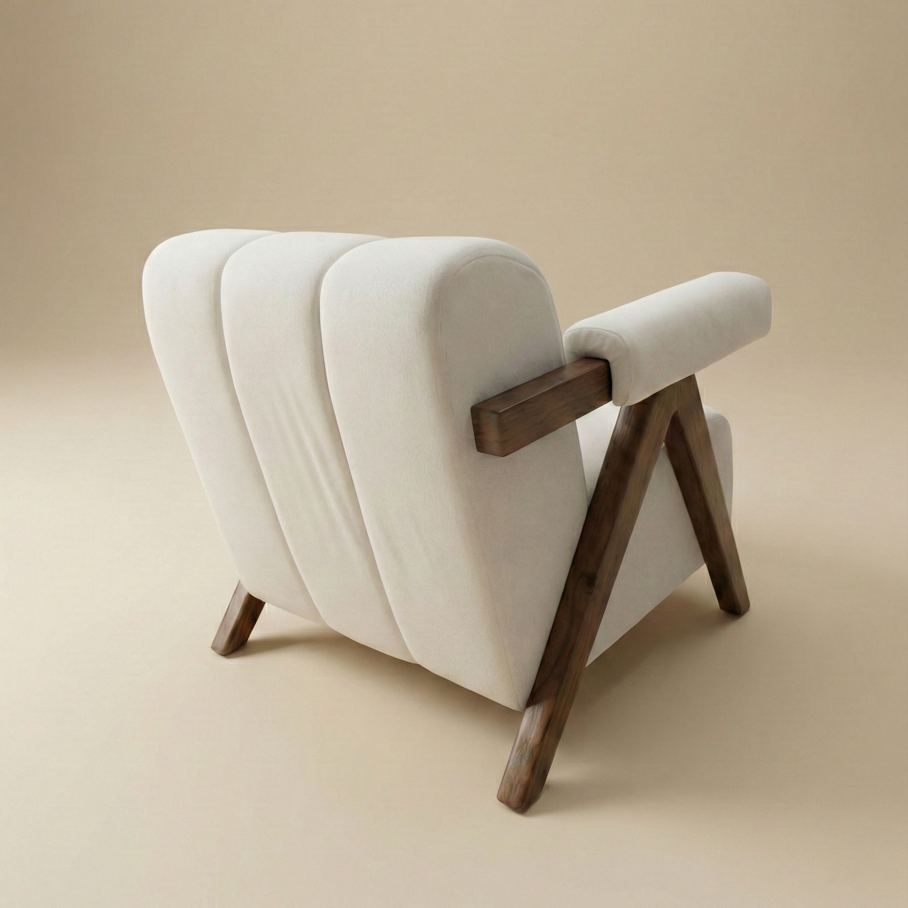 Back view of the Vanguard chair showing the sturdy exposed wood frame construction and channel tufted backrest.