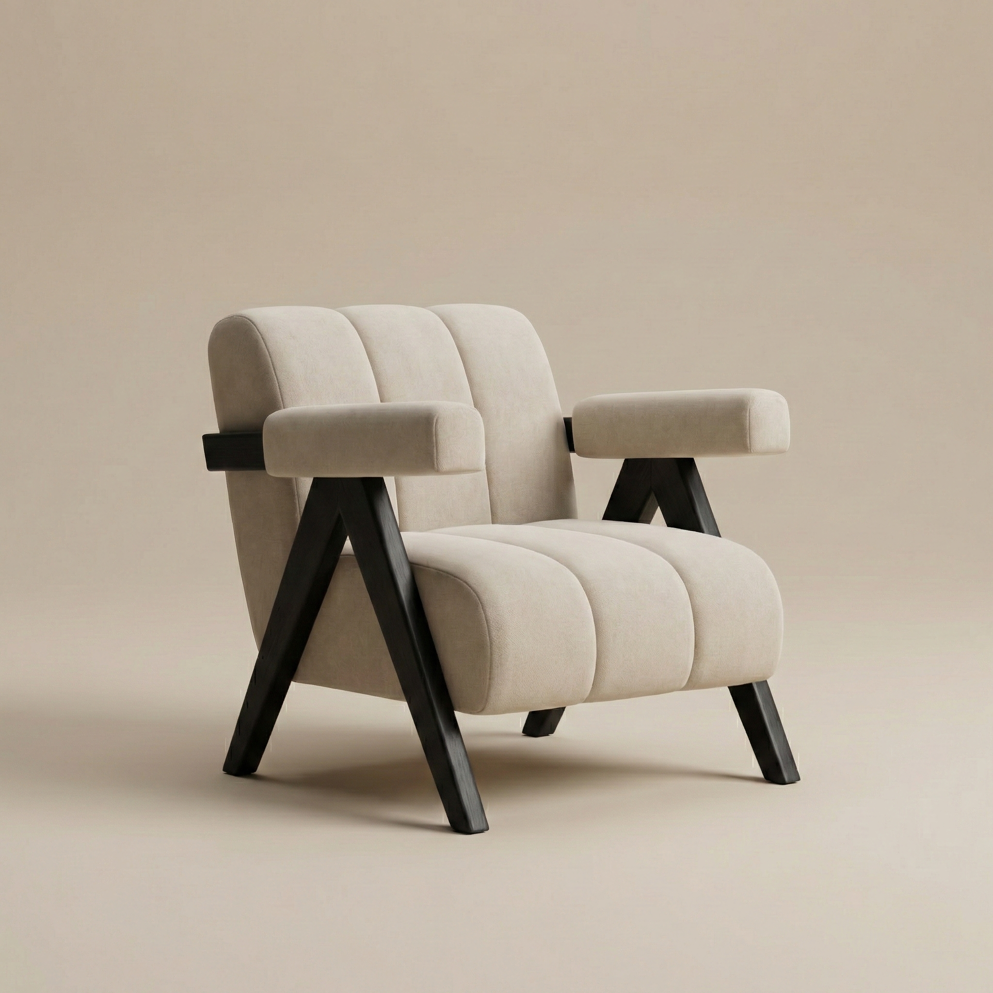 Studio angle of the Vanguard modern chair highlighting the floating armrest effect and geometric black wood structure.