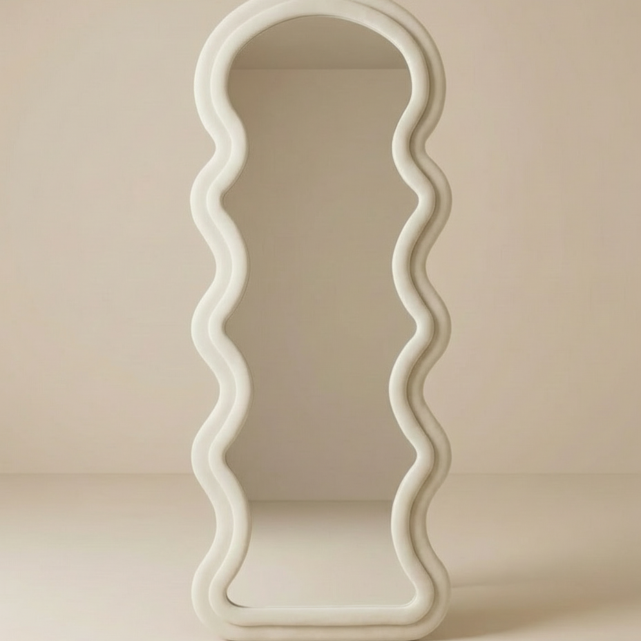 Wavy Floor Full Body Mirror with sculptural curved frame in a neutral minimalist setting.