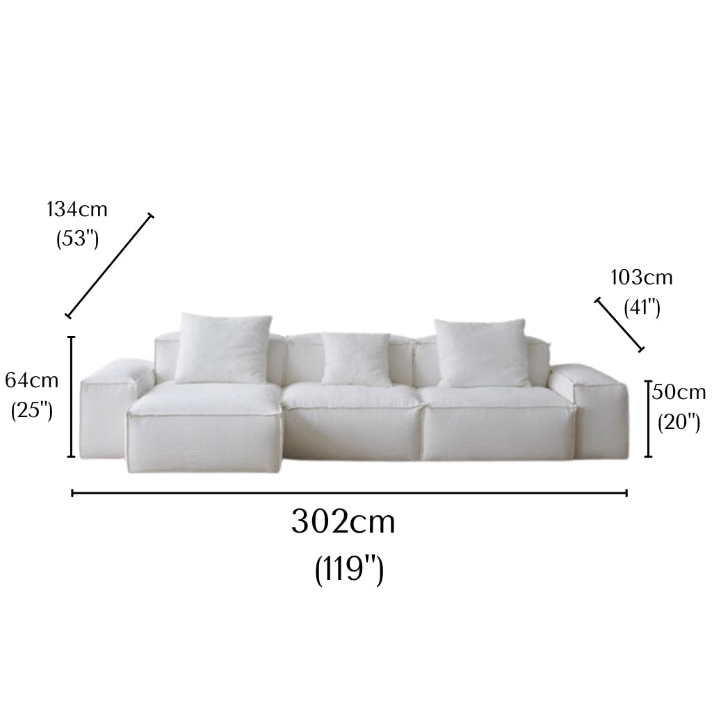Whisper Breathable Cotton Sofa 3 seater in white cotton muslin fabric with detailed dimensions shown