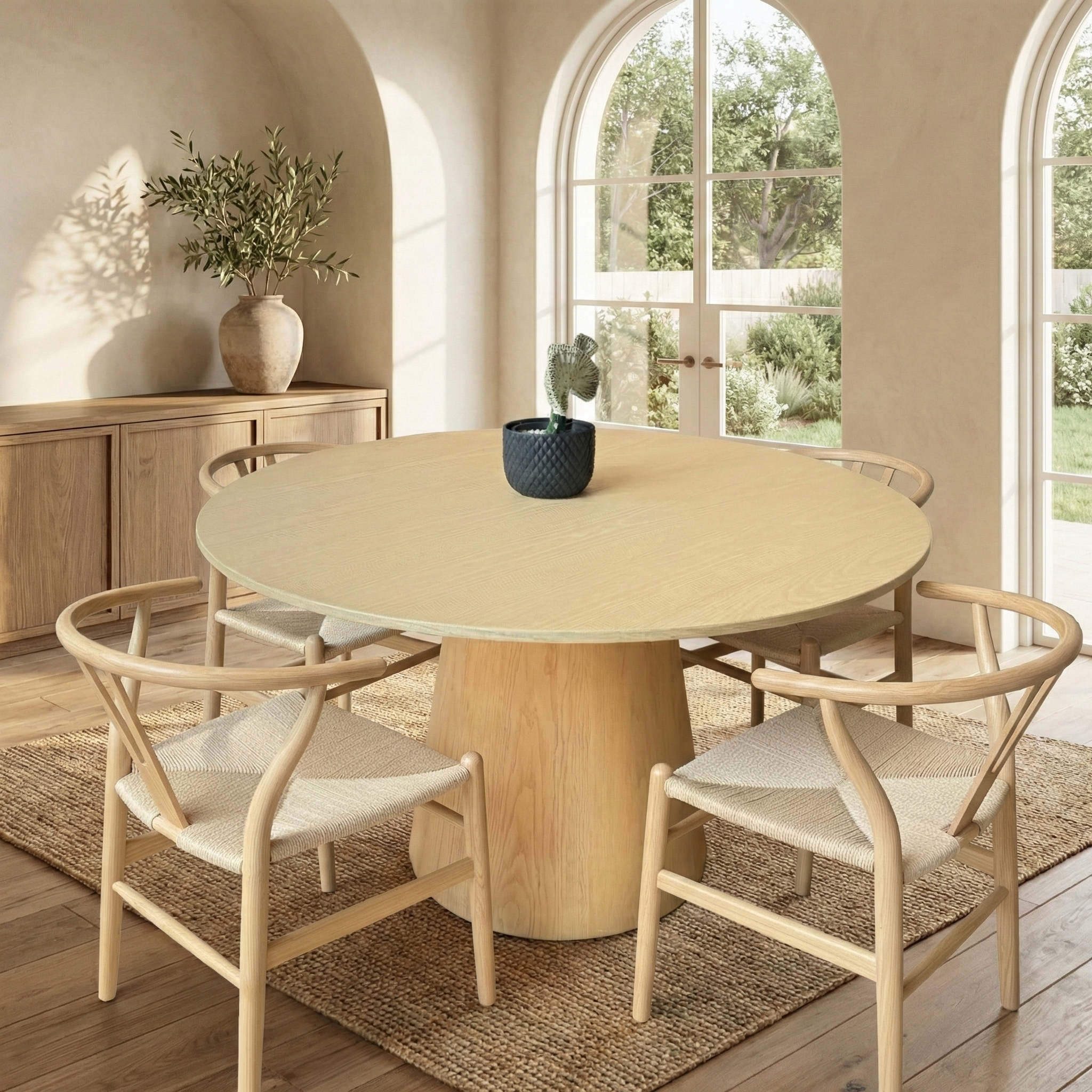 Round wooden dining table with four chairs in a bright room with large windows.