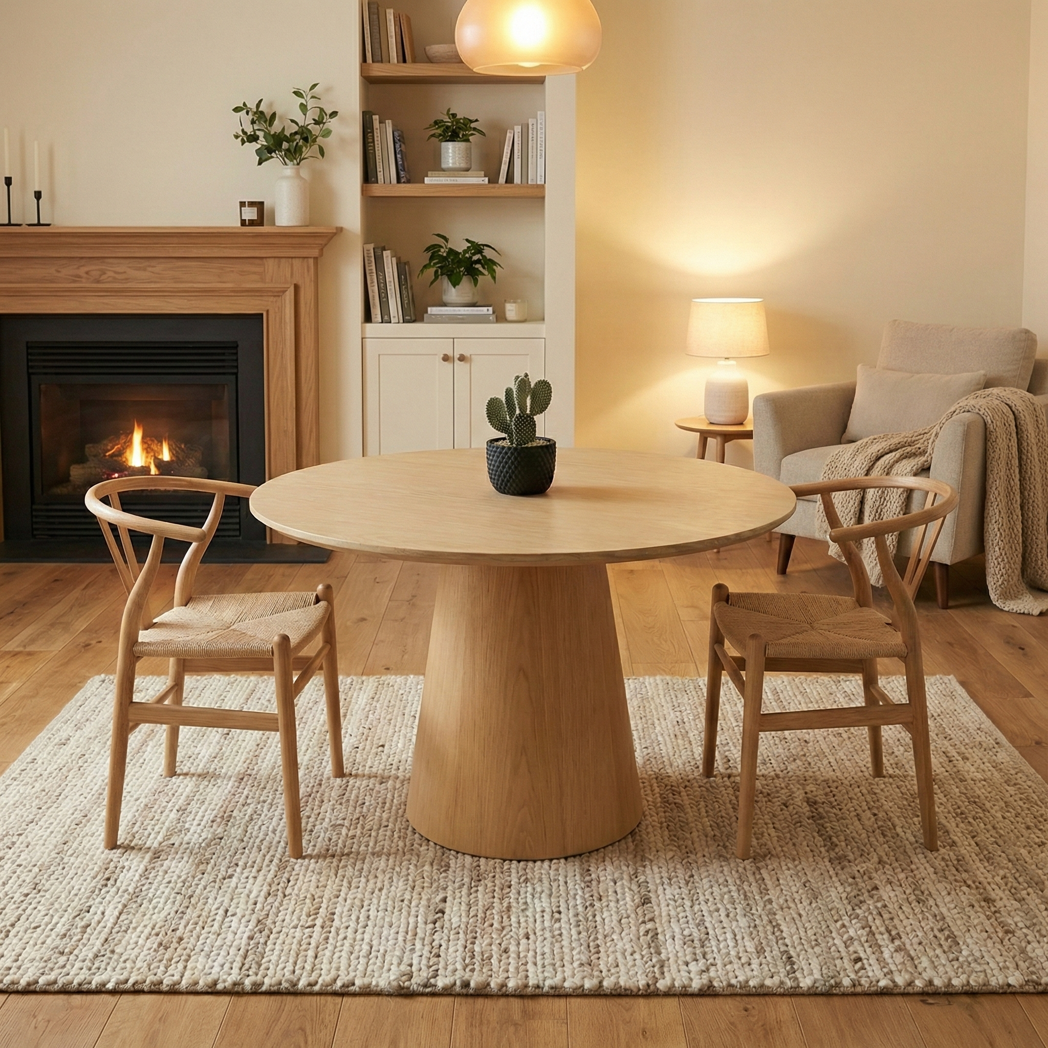 Wooden dining table with chairs in a cozy living room with fireplace and bookshelf.