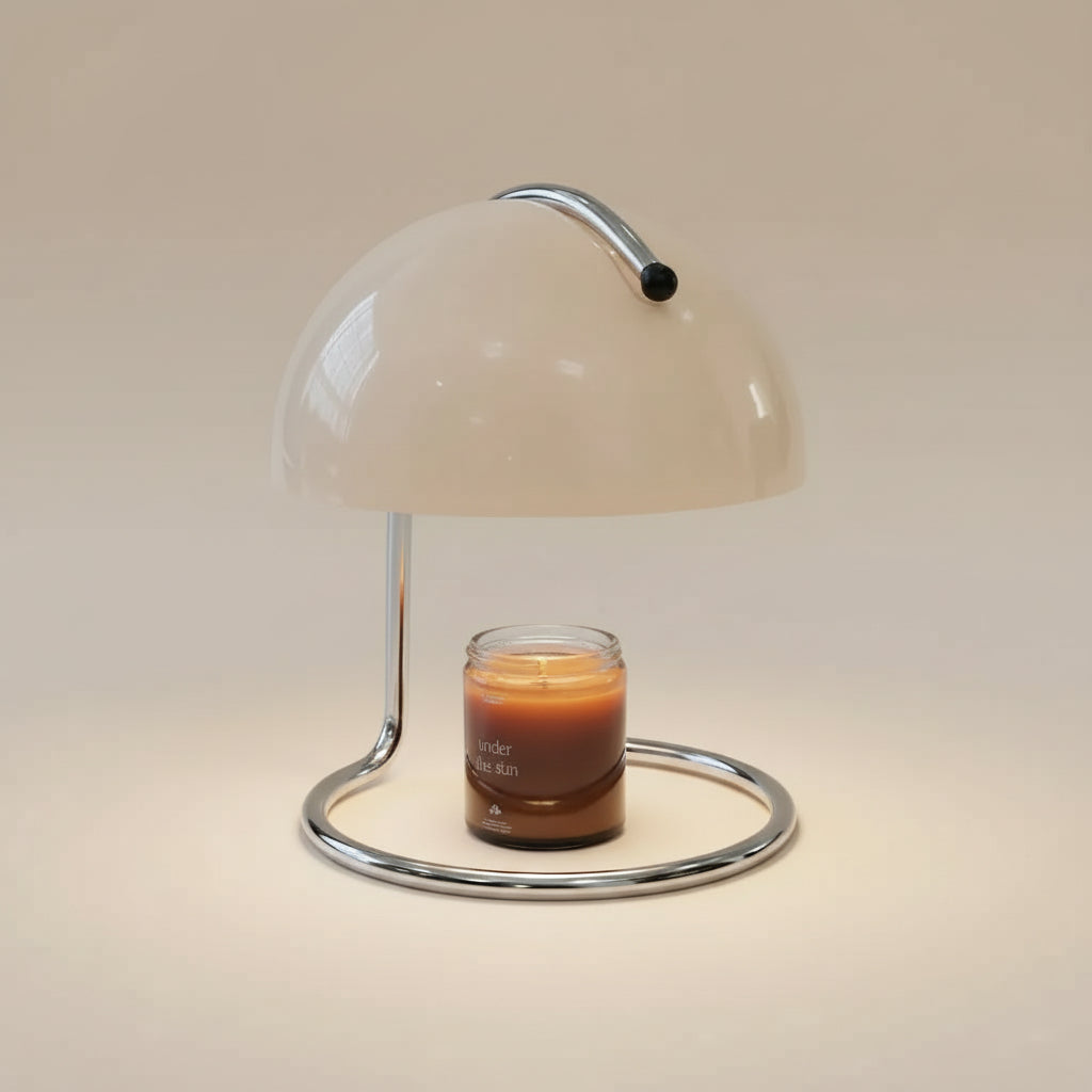 Wooden Frame Modern Candle Warmer Lamp with chrome base and dome shade warming a jar candle.