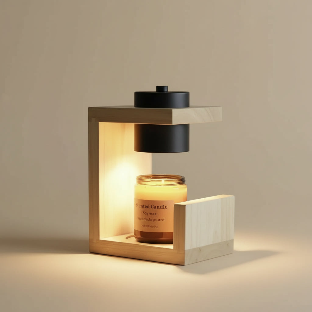 Wooden Frame Modern Candle Warmer Lamp with minimalist wood design and black heating shade.