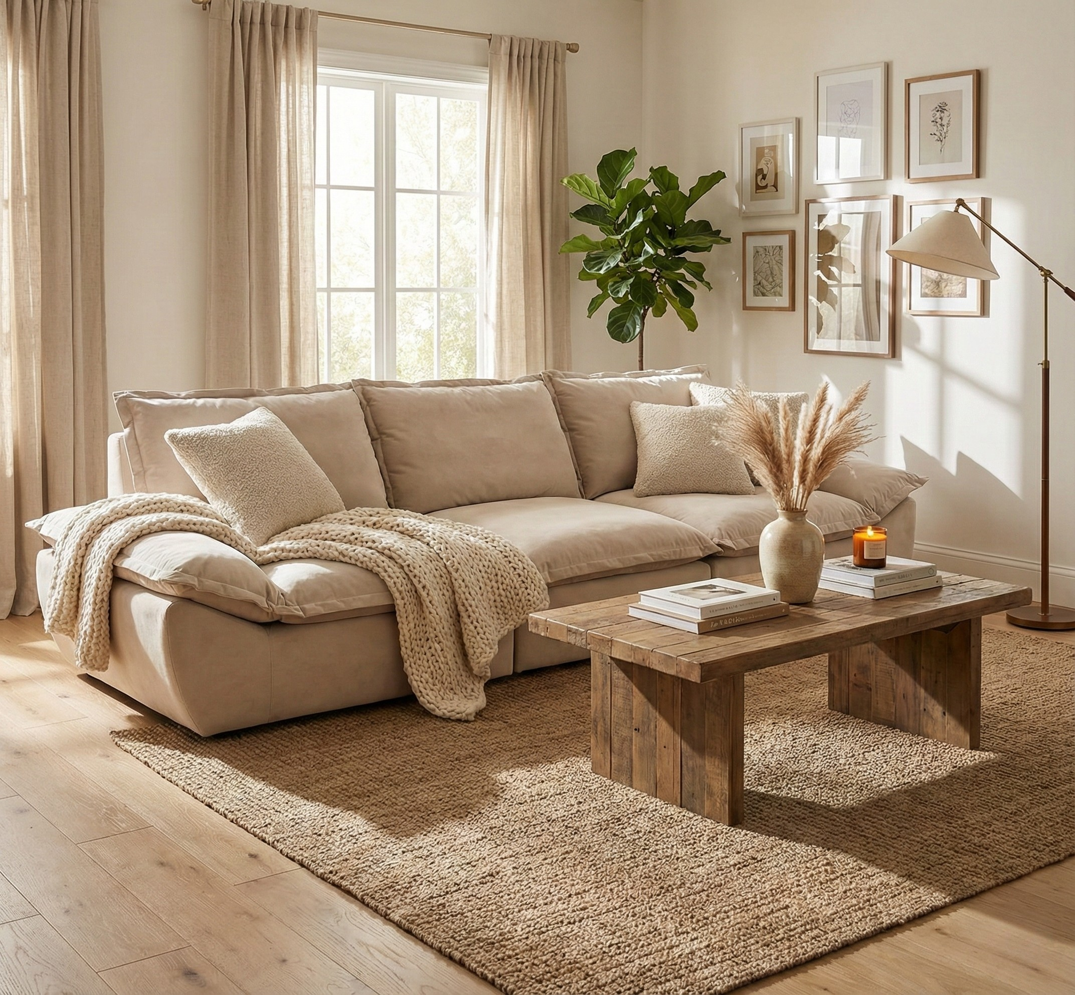 Cozy living room with beige sofa, wooden coffee table, and decorative elements.