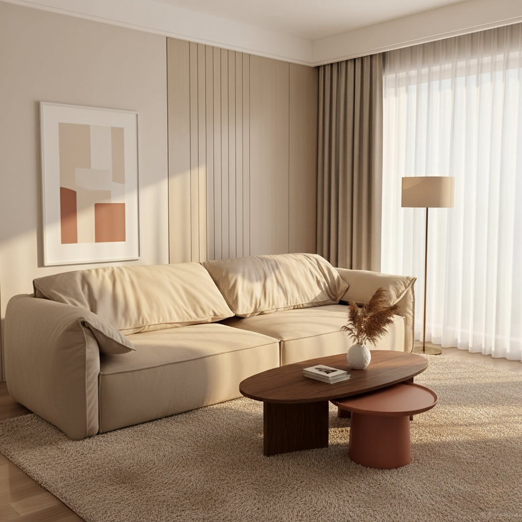 Luxury Elephant Ear Sofa in matte champagne ultra suede with plush cushions and relaxed silhouette in a modern living room