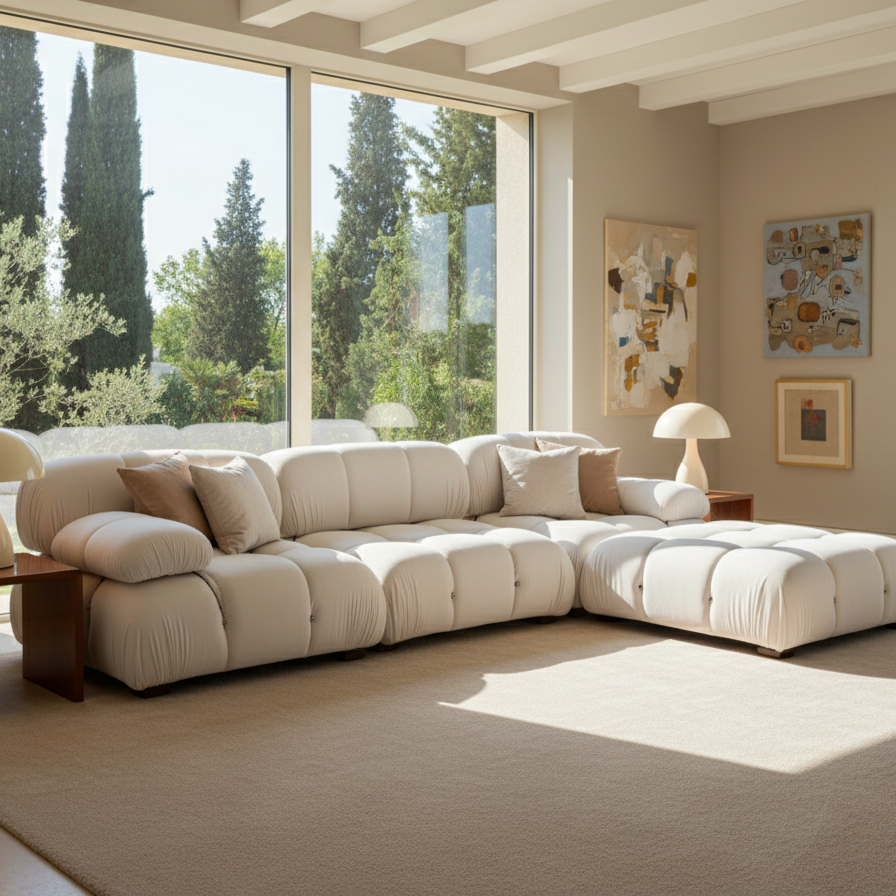Modern living room with a large beige sectional sofa, large windows, and decorative elements.