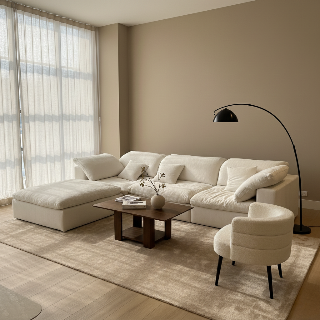 Modern living room with a white sectional sofa, coffee table, and armchair.