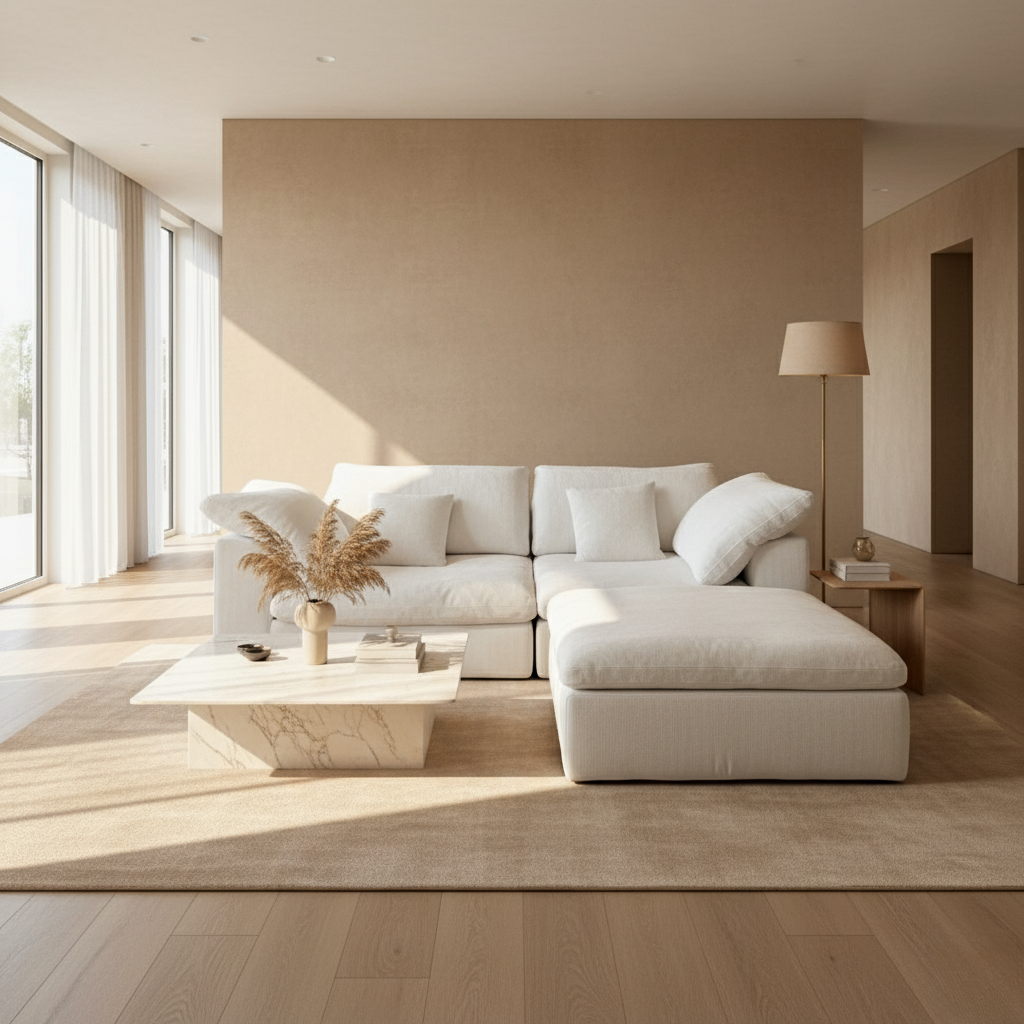 Modern living room with a white sectional sofa, coffee table, and decorative elements.