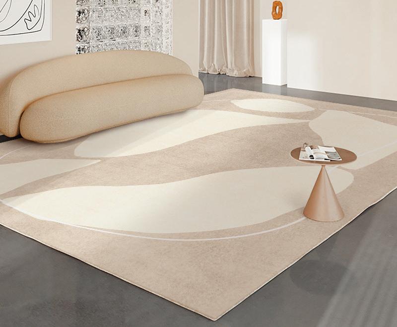 Almond Curves Art Rug styled in a modern living room with soft beige abstract shapes and curved lines