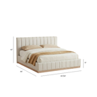 Beige upholstered bed with dimensions on a white background