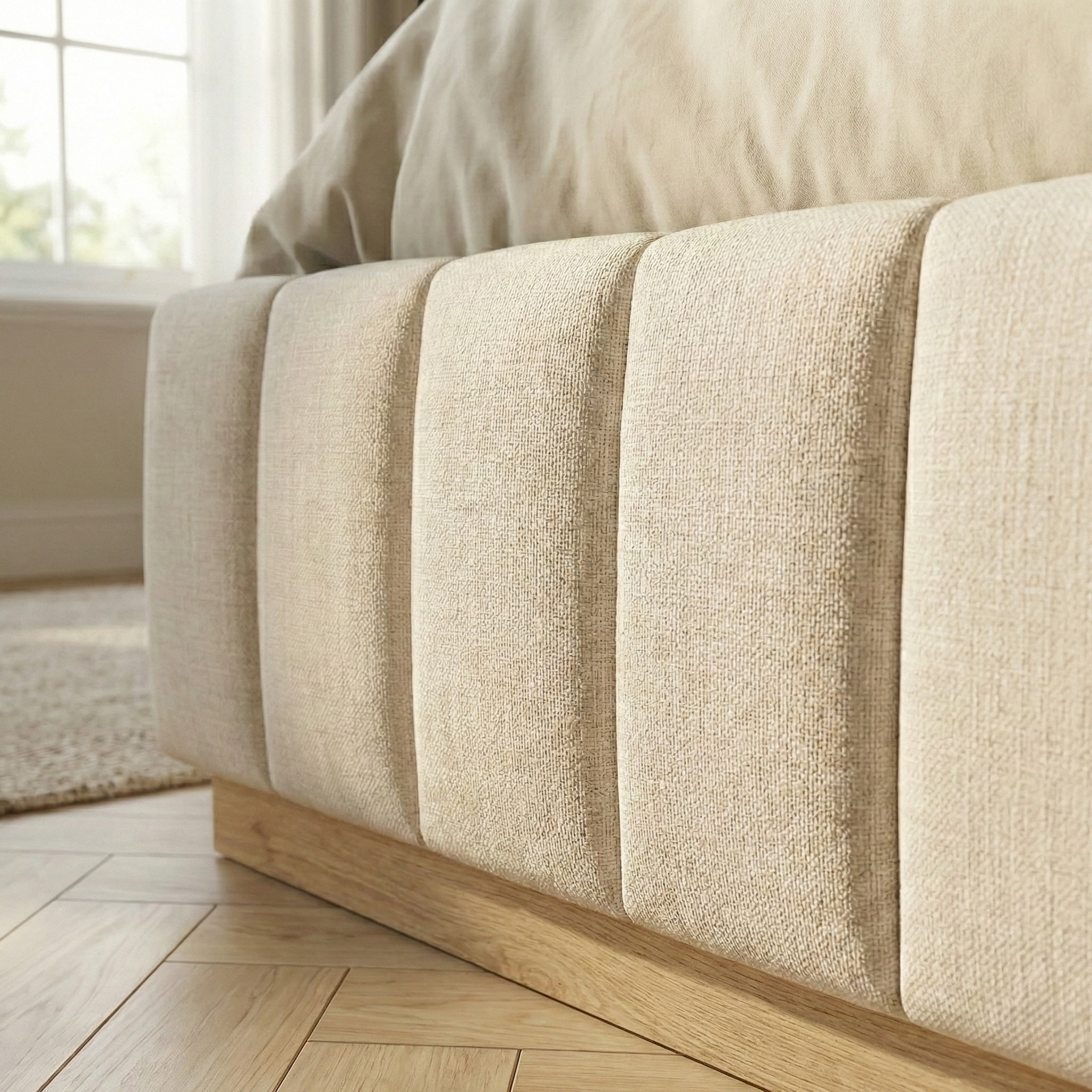 Close-up of a textured beige sofa with wooden legs in a bright room.