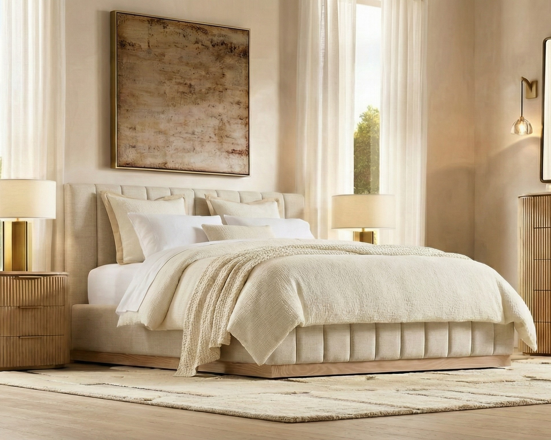 Alora Ashwood Bed shown styled in a bright bedroom with soft neutral bedding and matching night stands