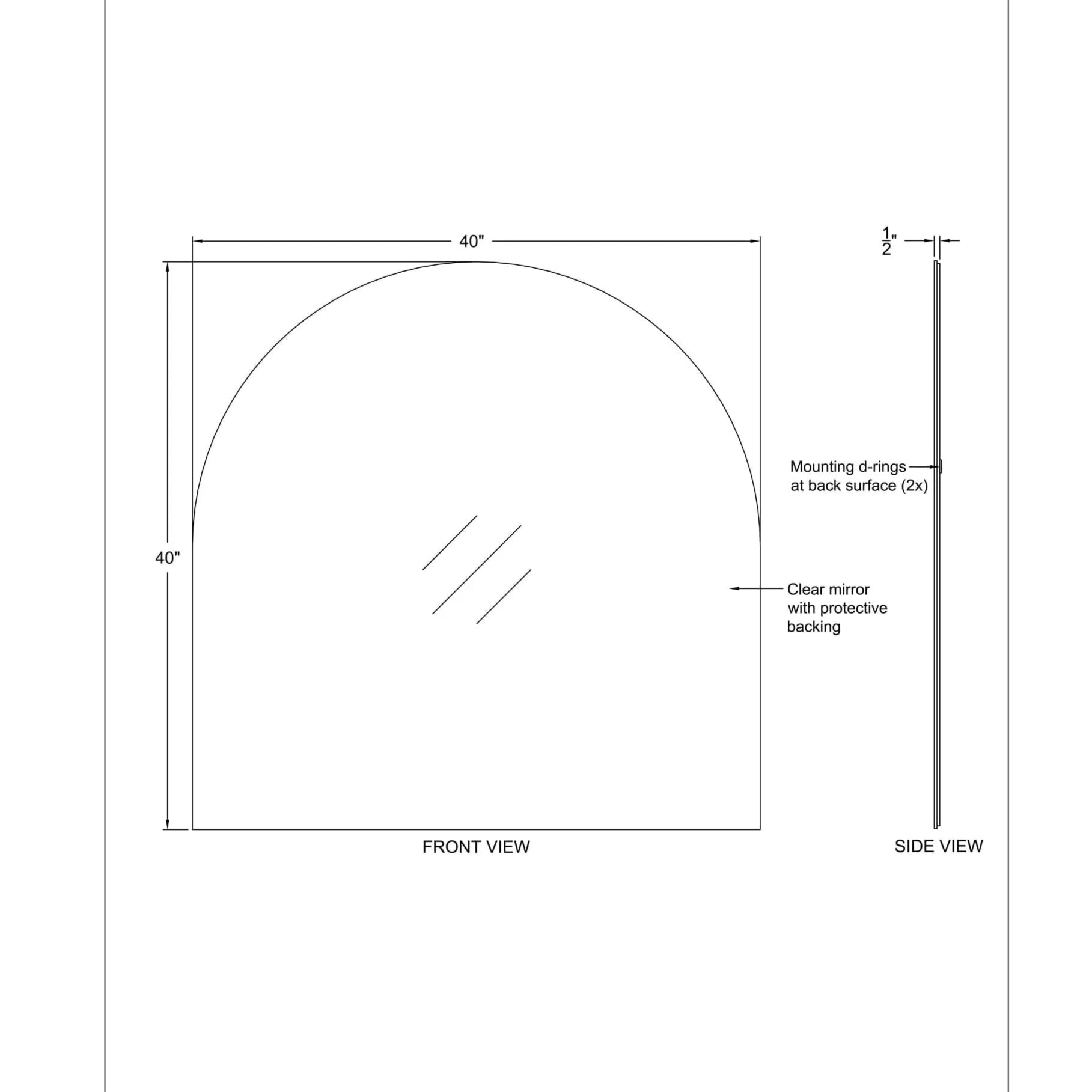 Arco Wall Mirror dimension diagram showing 40-inch arched front view and side profile with mounting details