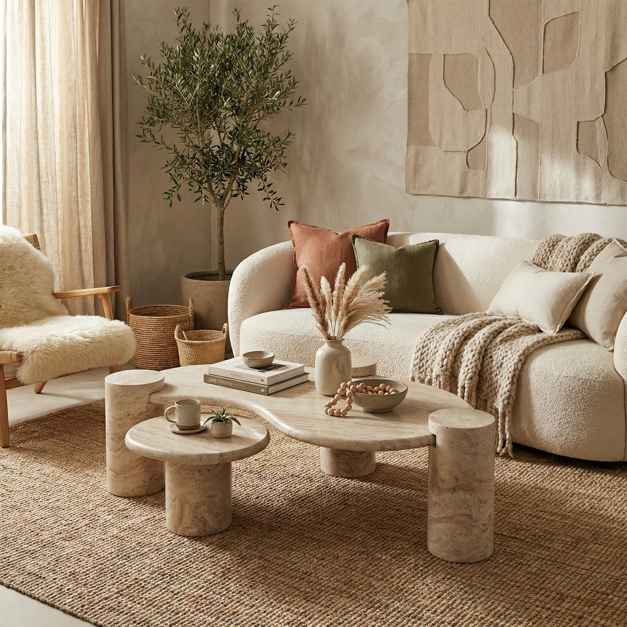 Ardea organic travertine coffee table set styled in a neutral living room with a cream boucle sofa and jute rug.