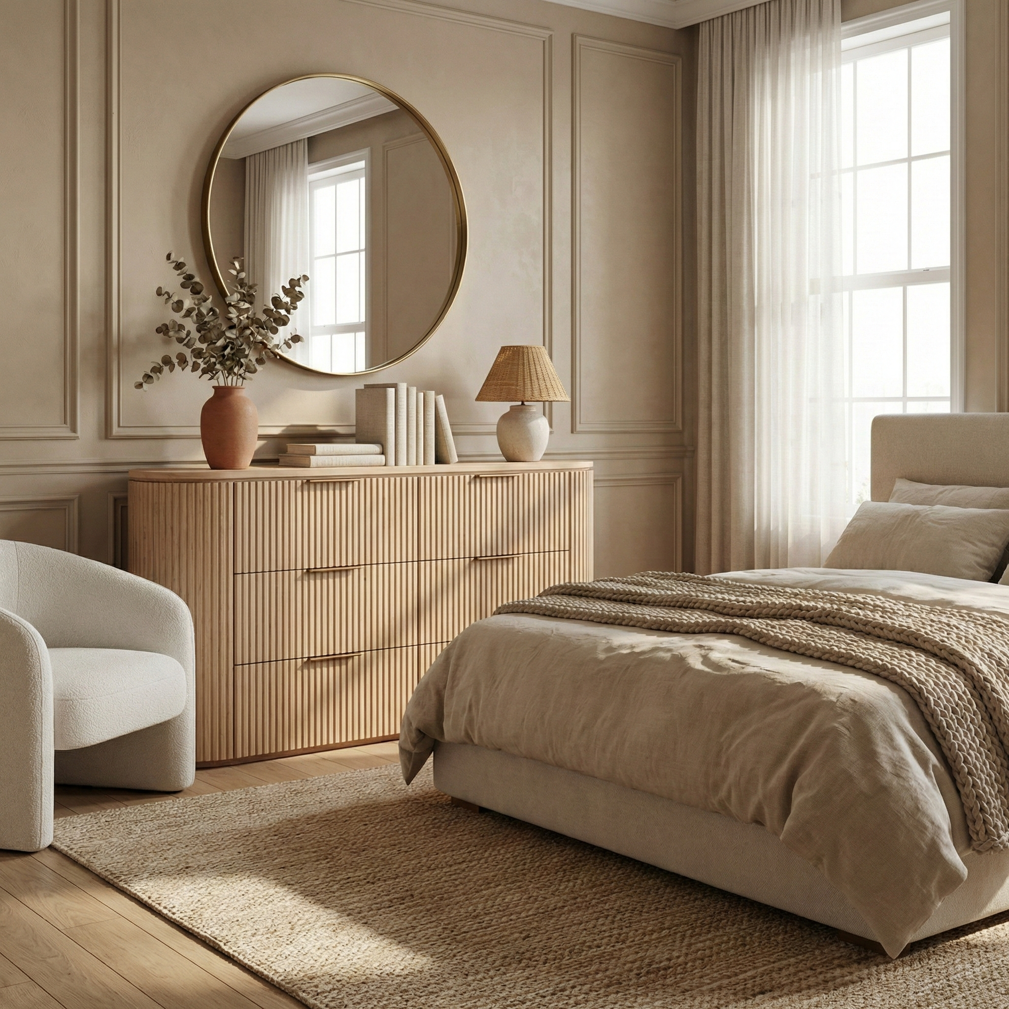 Arden oak fluted dresser styled in a warm neutral bedroom with a round mirror, ceramic decor, and a boucle armchair.