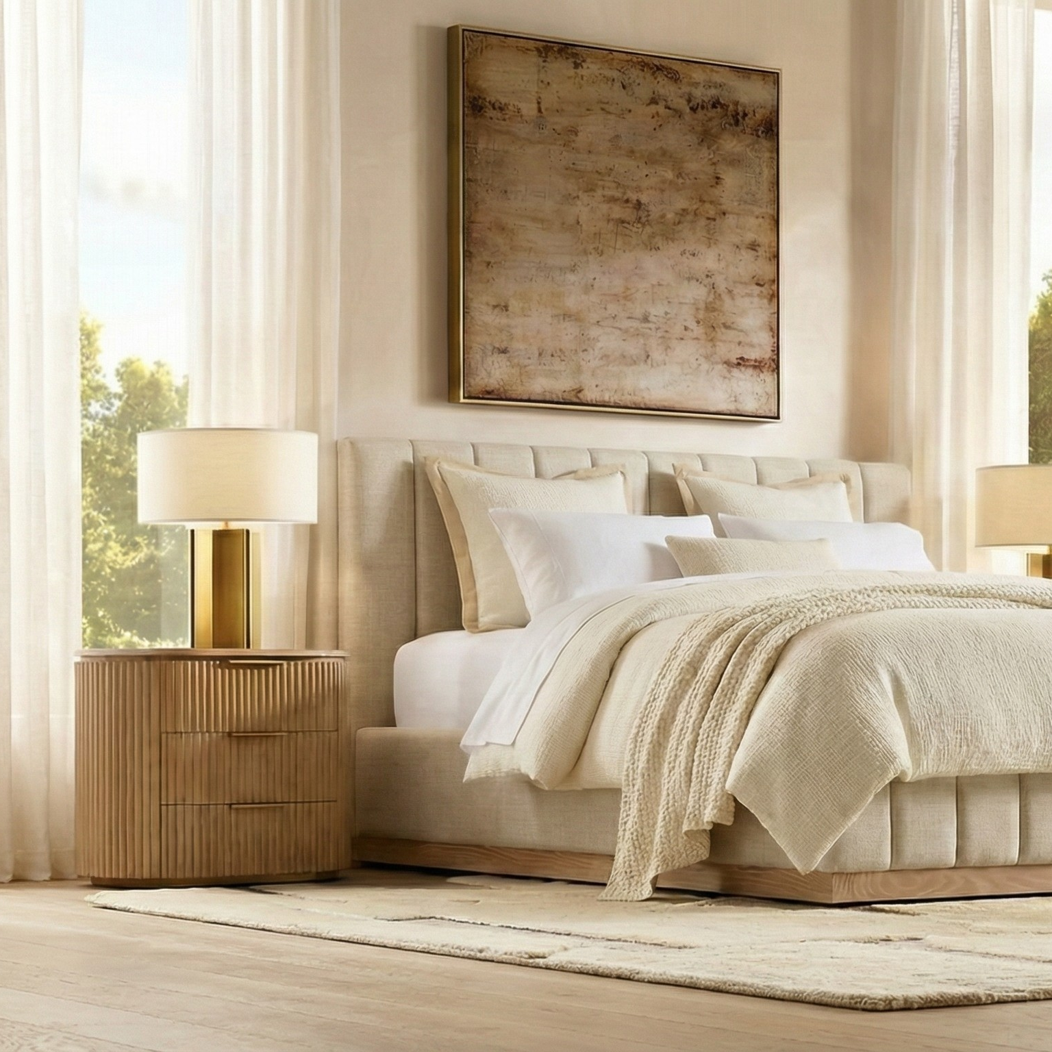 Arden Oak Night Stand with fluted wood design styled beside an upholstered bed in a bright bedroom setting