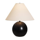 Arlo Black Marble Table Lamp with spherical stone base and wide cream fabric shade on plain background