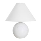 Arlo Sphere Table Lamp with smooth white marble round base and wide conical fabric shade on white background