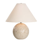 Arlo Sphere Table Lamp with natural travertine round base and tapered white fabric shade on plain background
