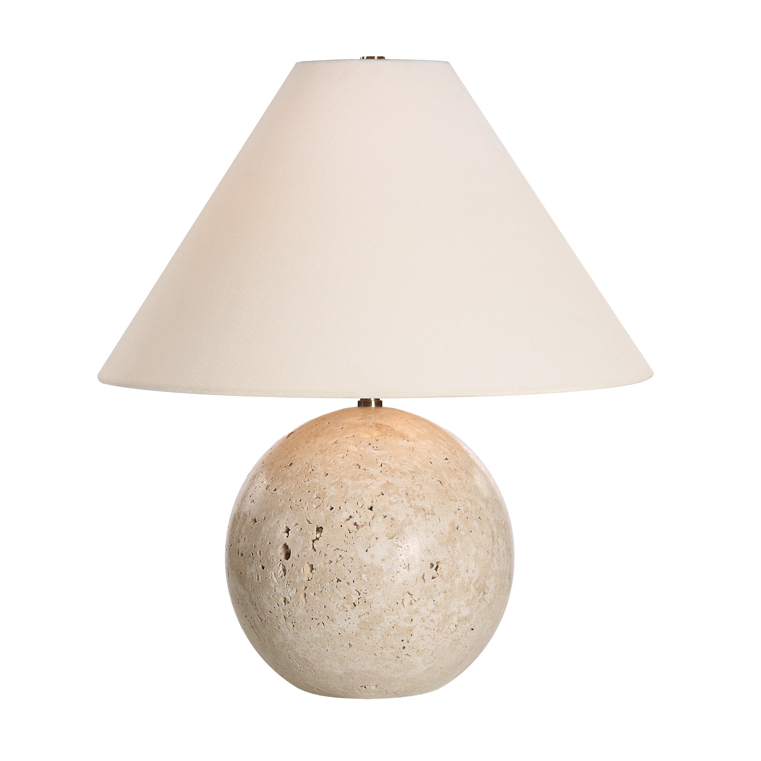 Arlo Sphere Table Lamp with natural travertine round base and tapered white fabric shade on plain background