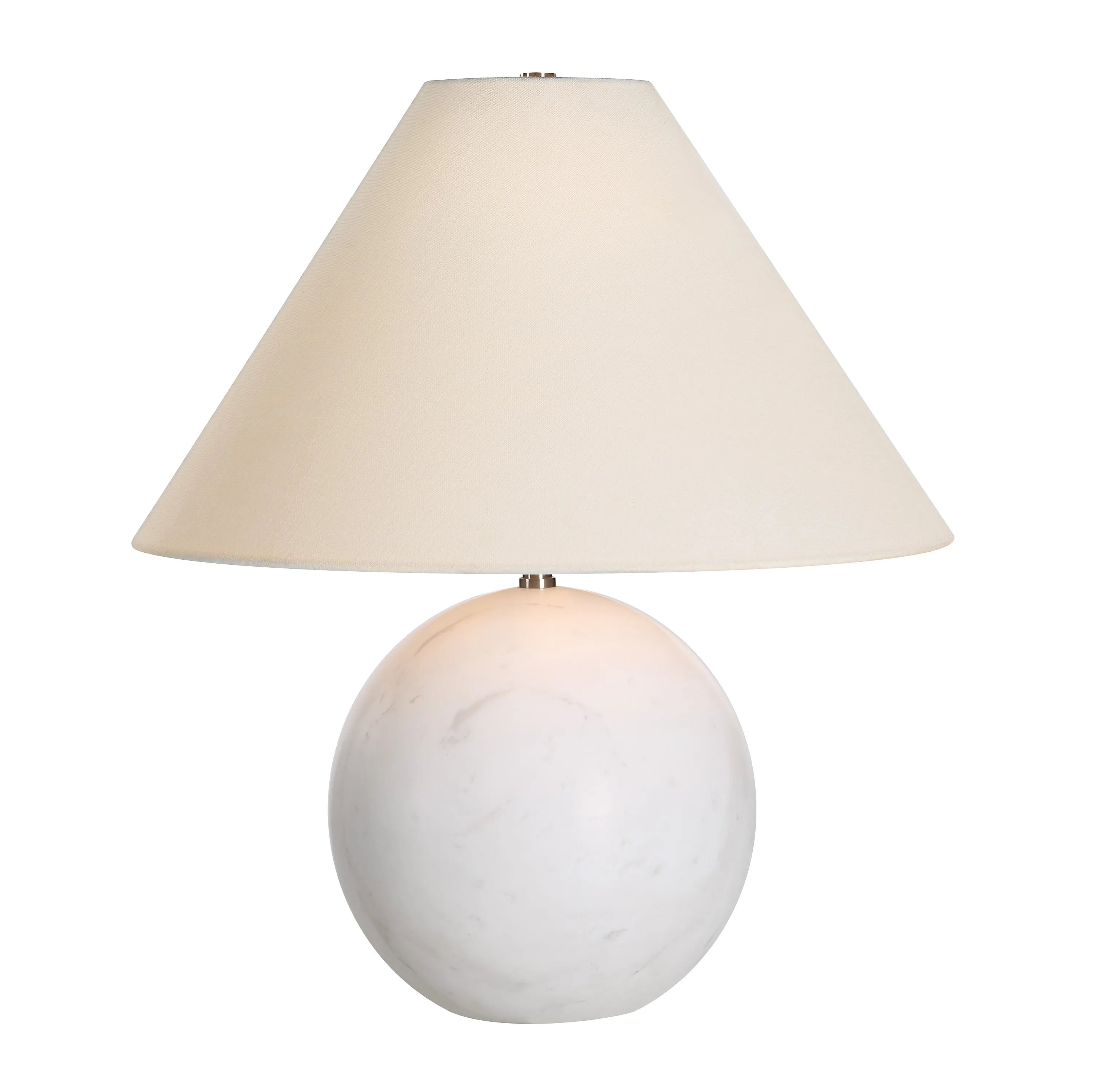 Arlo White Marble Table Lamp with round stone base and wide cream fabric shade on plain background