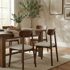 Set of Ash Classic dining chairs styled around a rustic wood table in a bright modern dining room with an olive tree.