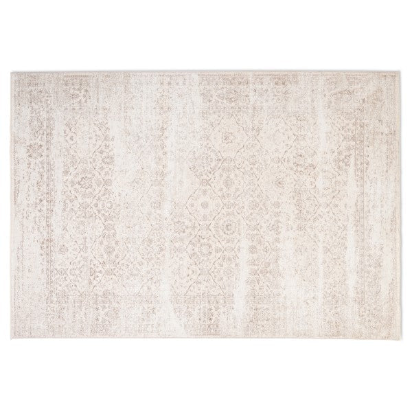 Full overhead view of the Audrey traditional rug featuring a distressed neutral pattern with a defined border.