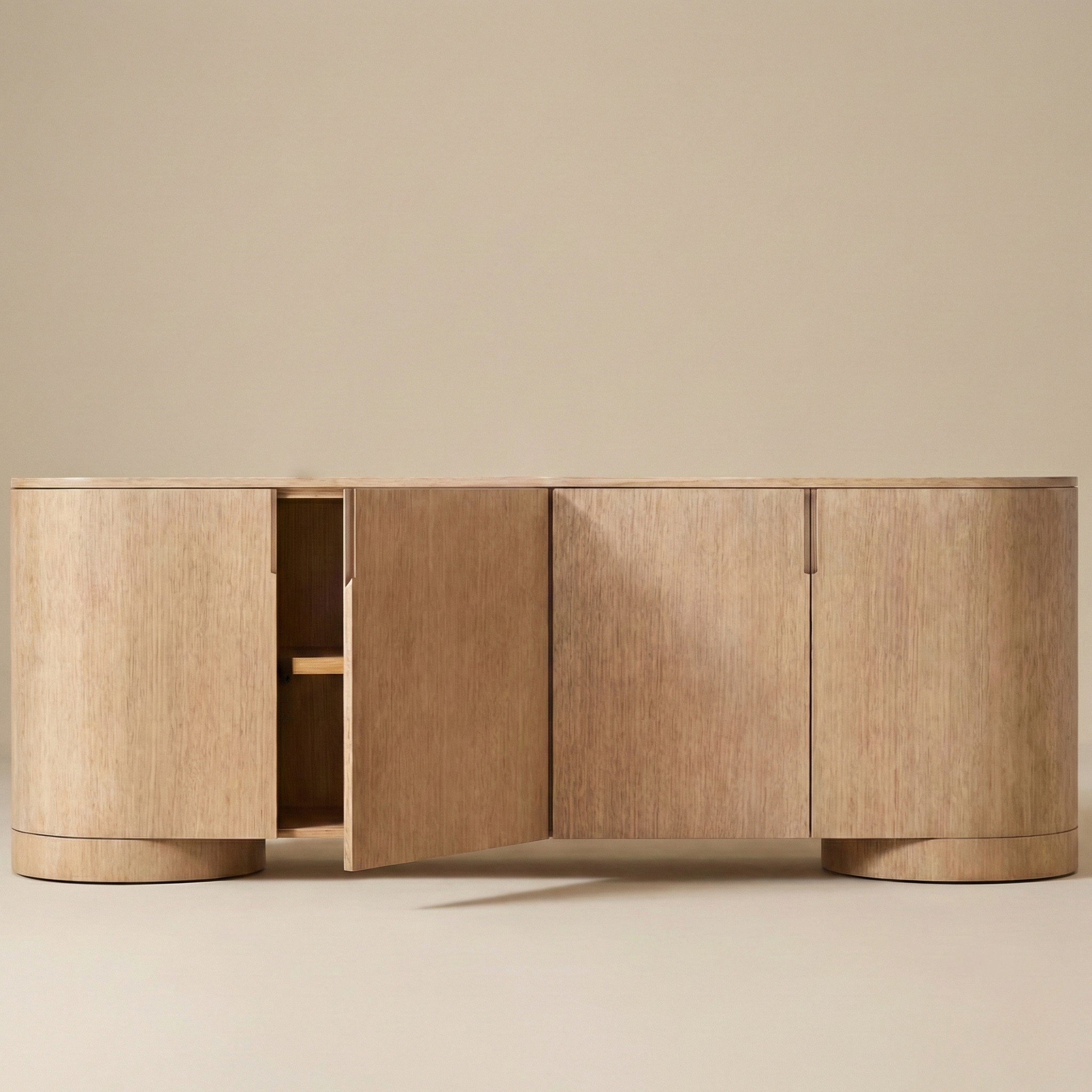 Front view of Aurelian cabinet with door open showing the sturdy construction and shelf placement.