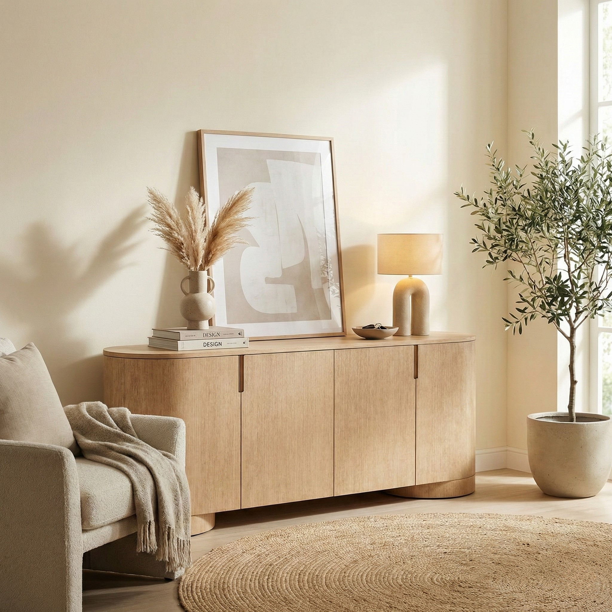 Aurelian oak buffet styled in a warm neutral room with a mushroom lamp and dried botanicals next to a beige armchair.