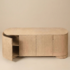 Aurelian sideboard with curved end door open displaying the interior storage shelf capacity.