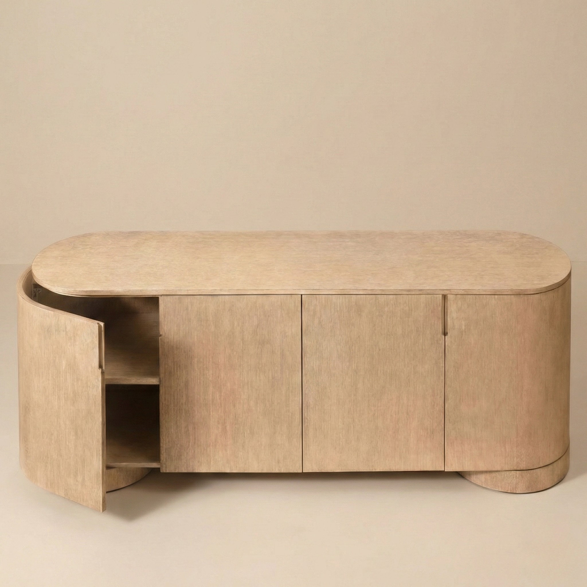 Aurelian sideboard with curved end door open displaying the interior storage shelf capacity.