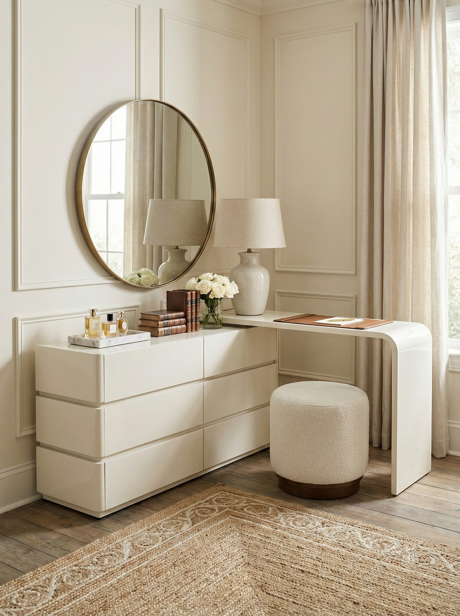 Avina white vanity styled in a bedroom corner, demonstrating its space-saving L-shape design perfect for small rooms or apartments.