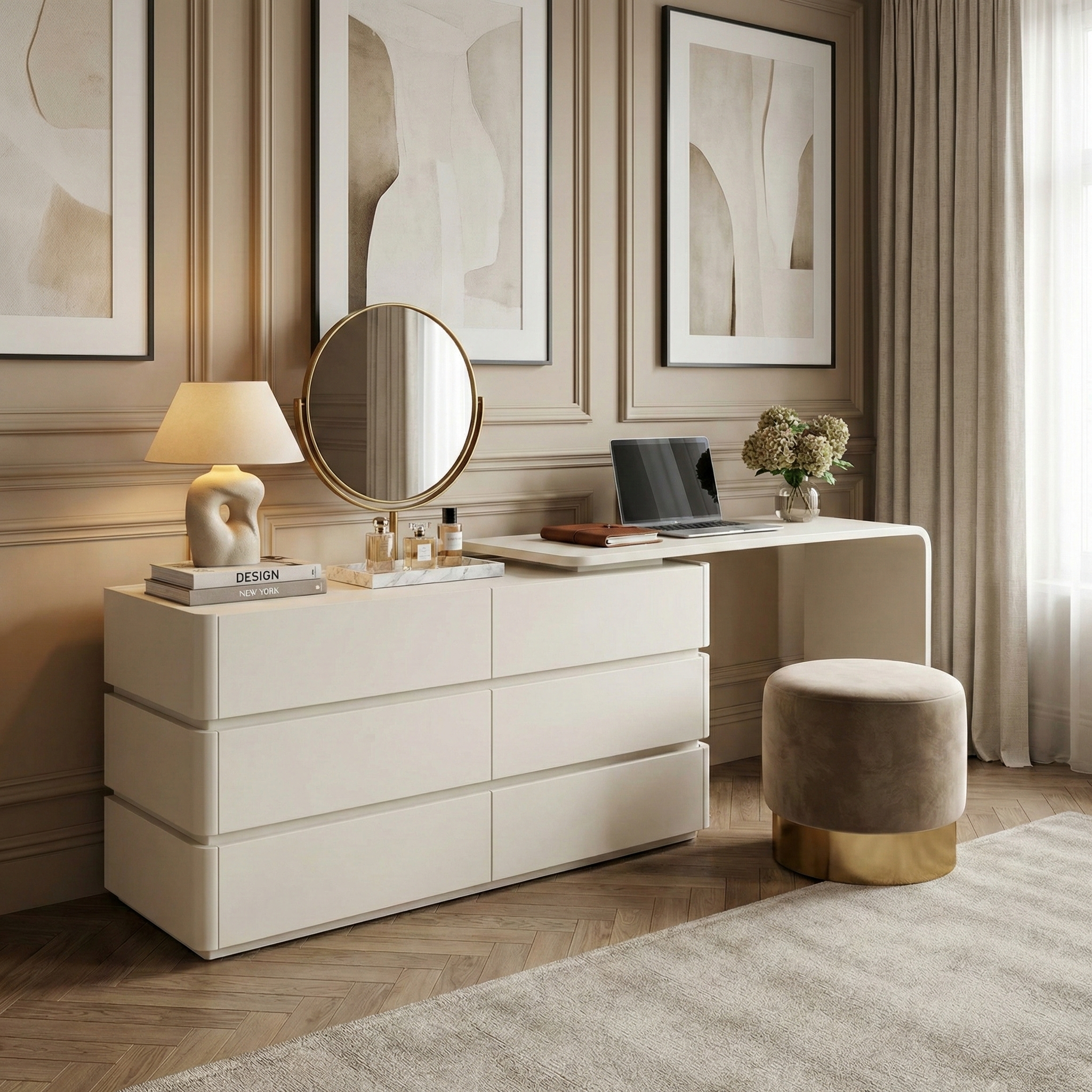 Avina vanity desk styled in a modern bedroom with a round gold mirror, velvet ottoman stool, and makeup organizers.
