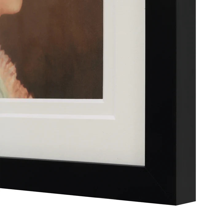 Macro close-up of the smooth black frame and clean white matting on the Beatrice profile wall art.