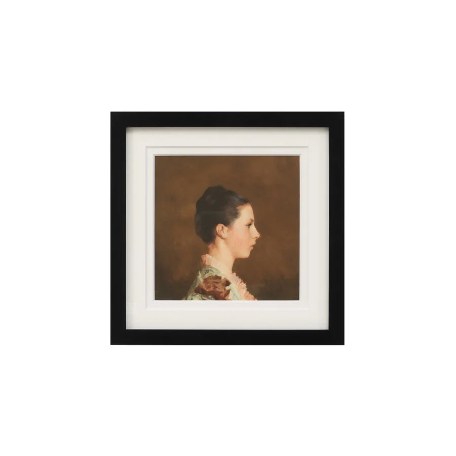 Full front view of the Beatrice profile wall art featuring a classic painting of a woman in a square black frame.