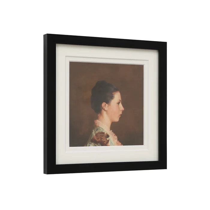 Angled view of the Beatrice vintage portrait art highlighting its sleek black frame and crisp white matting.