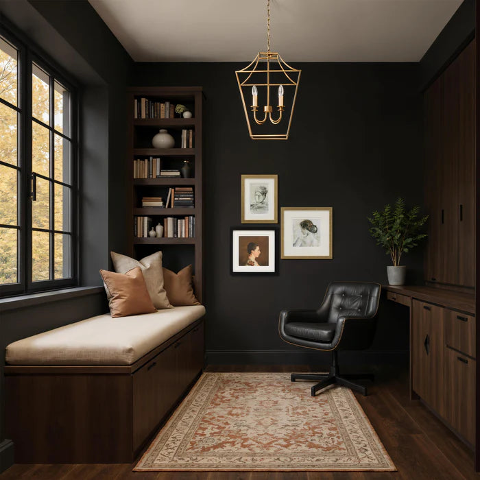 The Beatrice profile wall art styled as part of a gallery wall in a moody, dark-painted office setting.