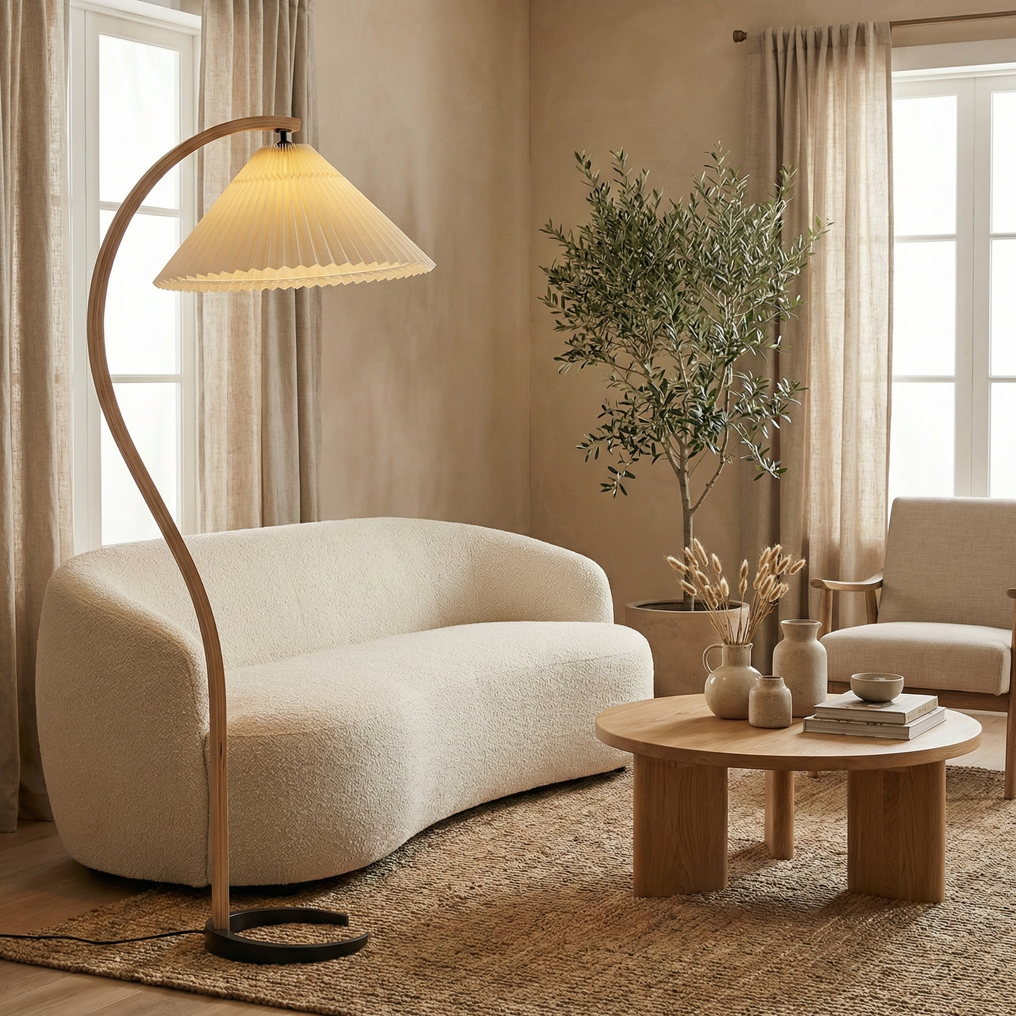 Bianca curved wood floor lamp styled in a minimalist living room with a cream boucle sofa and olive tree, highlighting its warm ambient lighting.