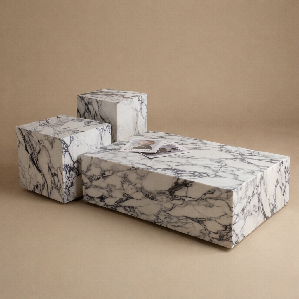 Bulgari Charm 3-piece modular coffee table set featuring a low rectangular plinth and two square side tables in bold veined marble.
