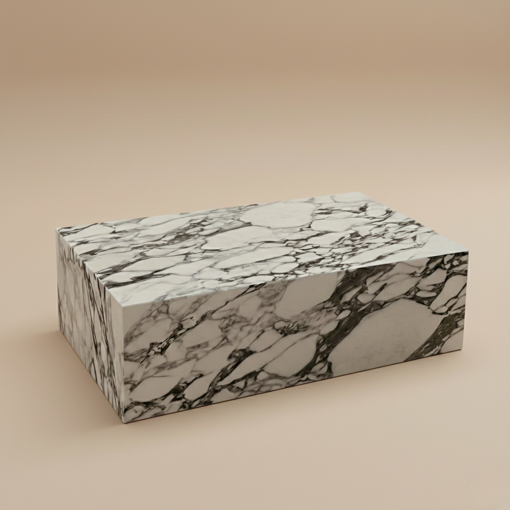 Bulgari Charm rectangular coffee table featuring a solid block plinth design with bold white and purple marble veining.